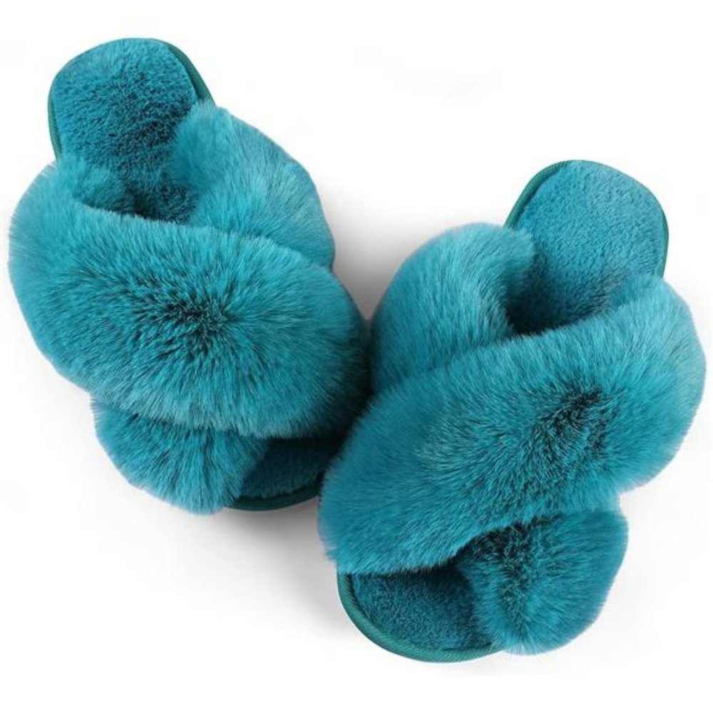 Cross Band Cozy Plush Home Slippers Fluffy Furry Open Toe House Slide Slipper